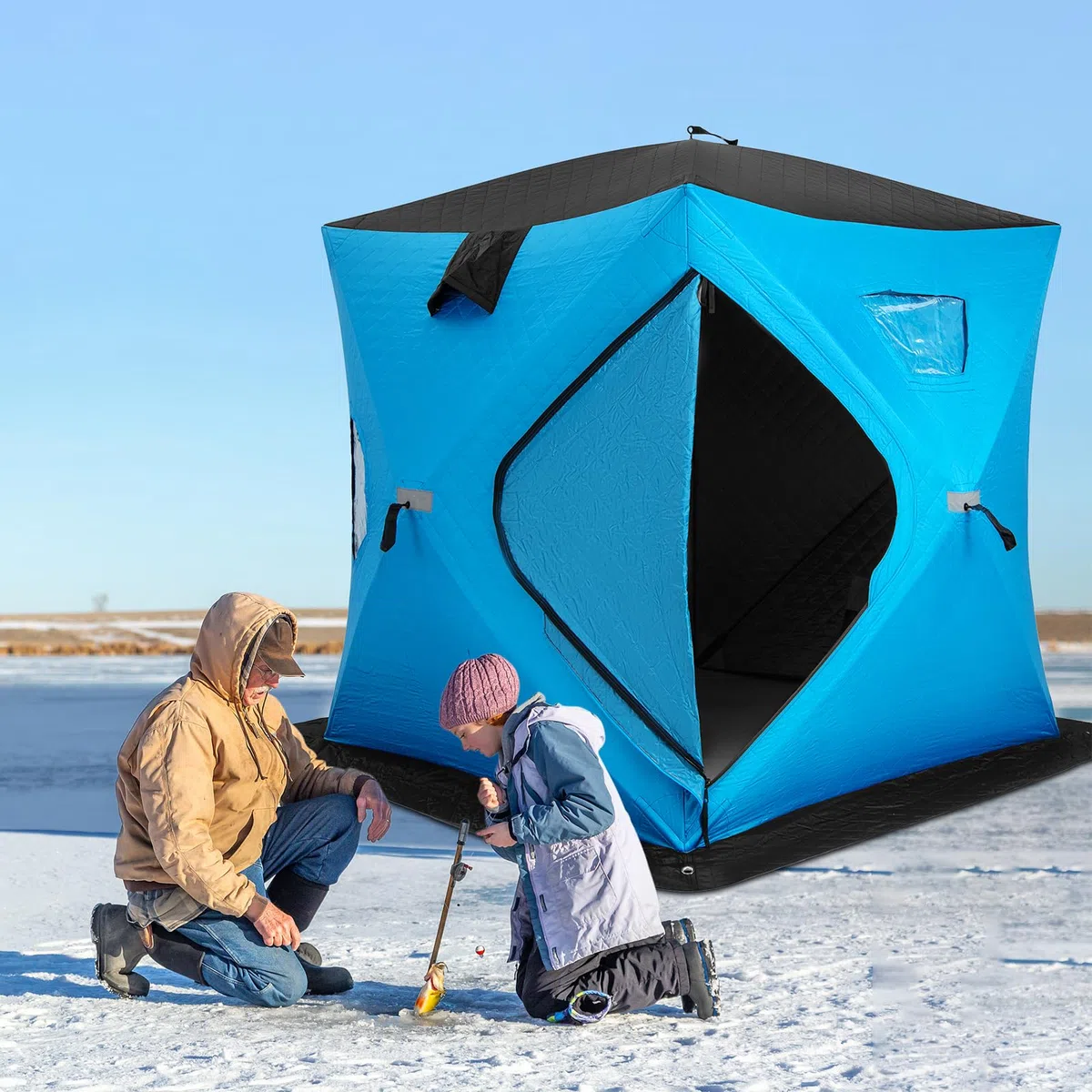 GYMAX tragbares Pop-Up Eisangelzelt, Isoliertes Allwetter-Angelzelt für 4 Personen mit Fenstern & Reißverschlusstür, wasserfester Eisschutzzelt mit Ankern, Seilen & Tragetasche