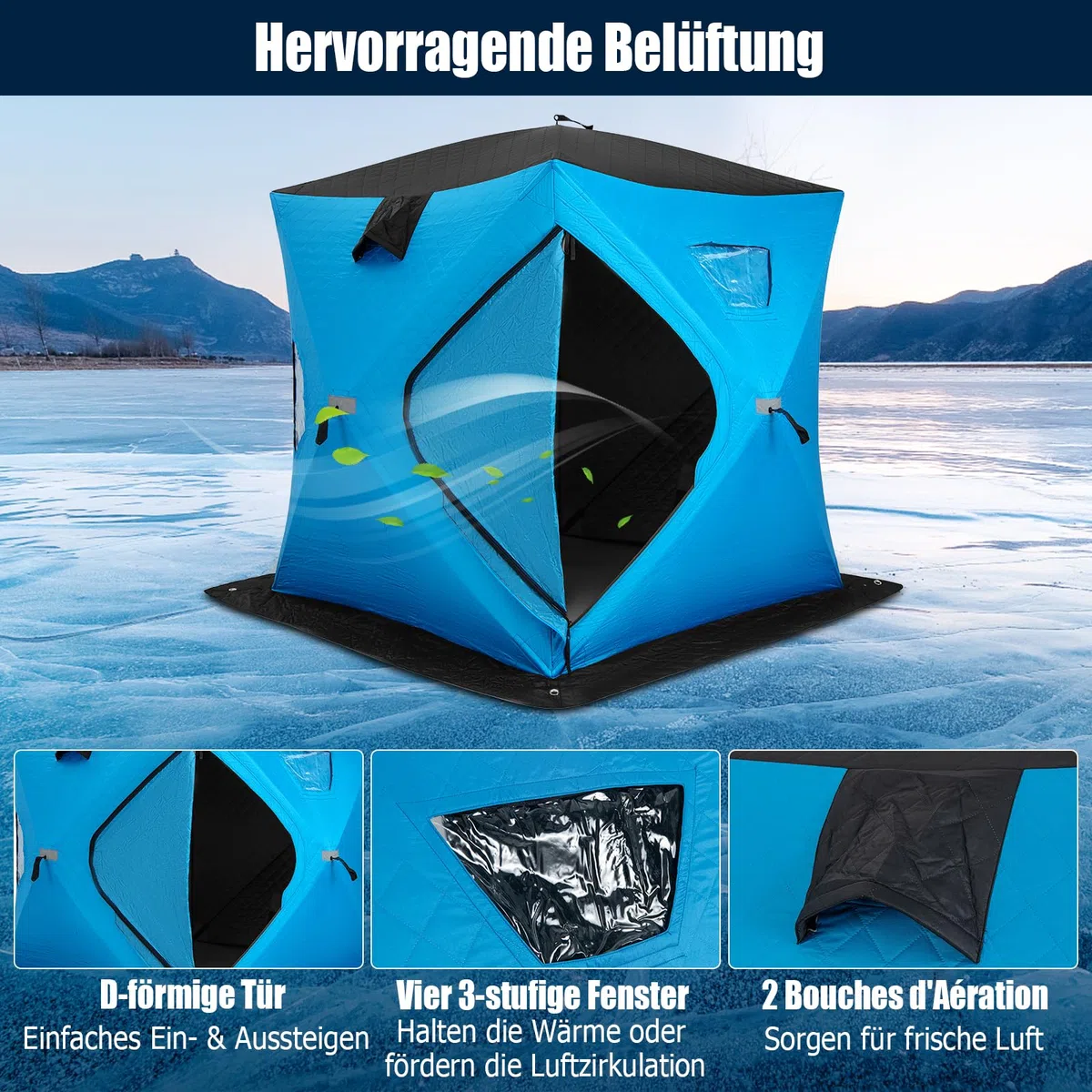GYMAX tragbares Pop-Up Eisangelzelt, Isoliertes Allwetter-Angelzelt für 4 Personen mit Fenstern & Reißverschlusstür, wasserfester Eisschutzzelt mit Ankern, Seilen & Tragetasche