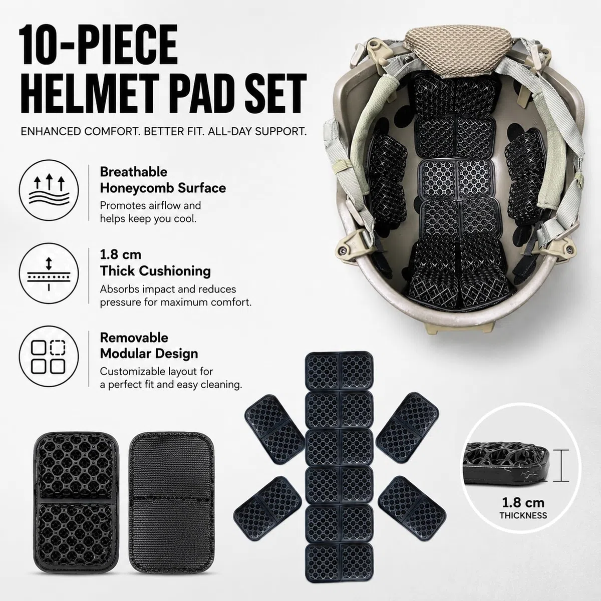 10-teiliges Helm Polster Set, 1.8cm Wabenpolster, Atmungsaktives Herausnehmbares Innenfutter Kit für Taktischen Helm
