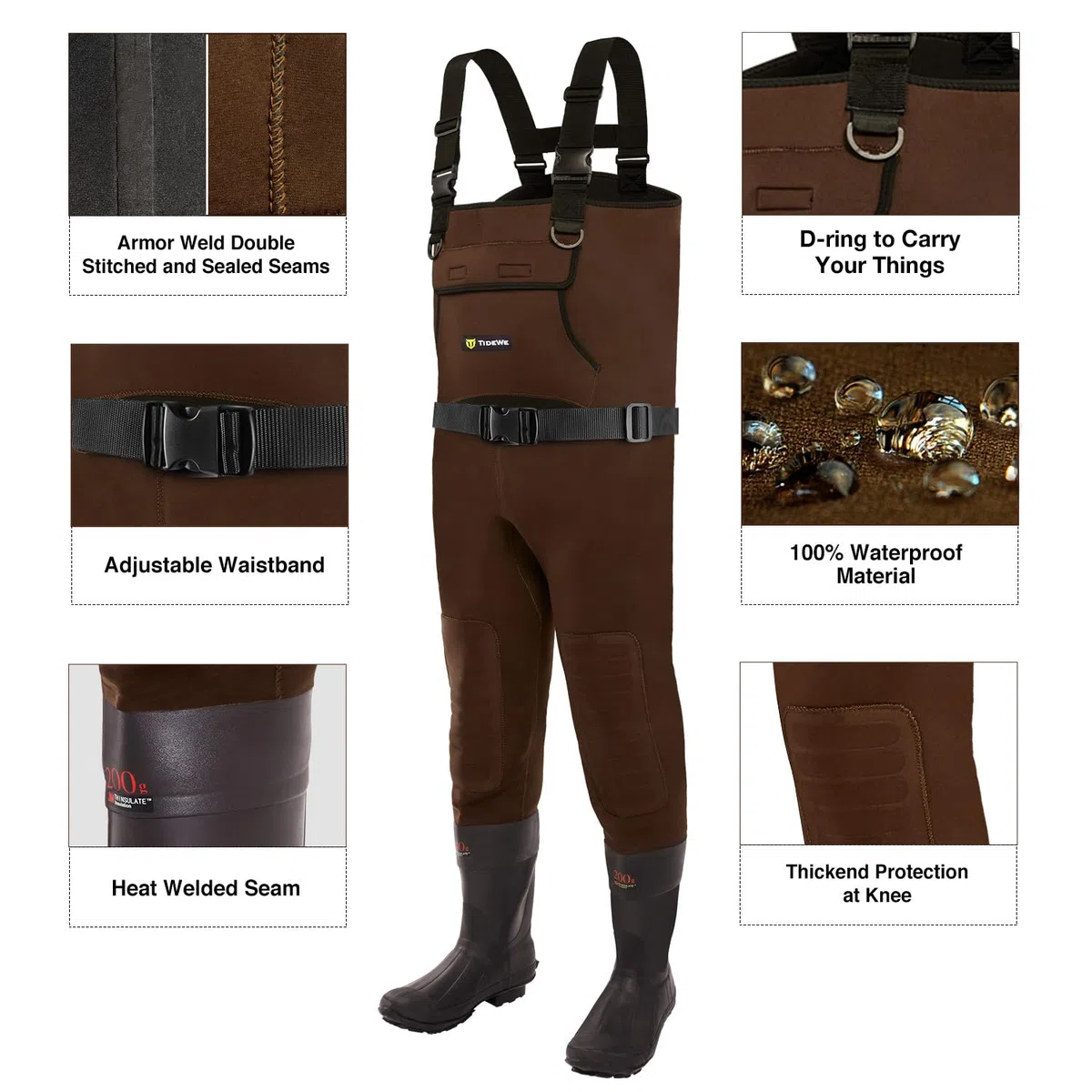 TIDEWE Neopren-Wathose mit Stollenfuß, wasserdicht, Angeln und Jagd, Neopren