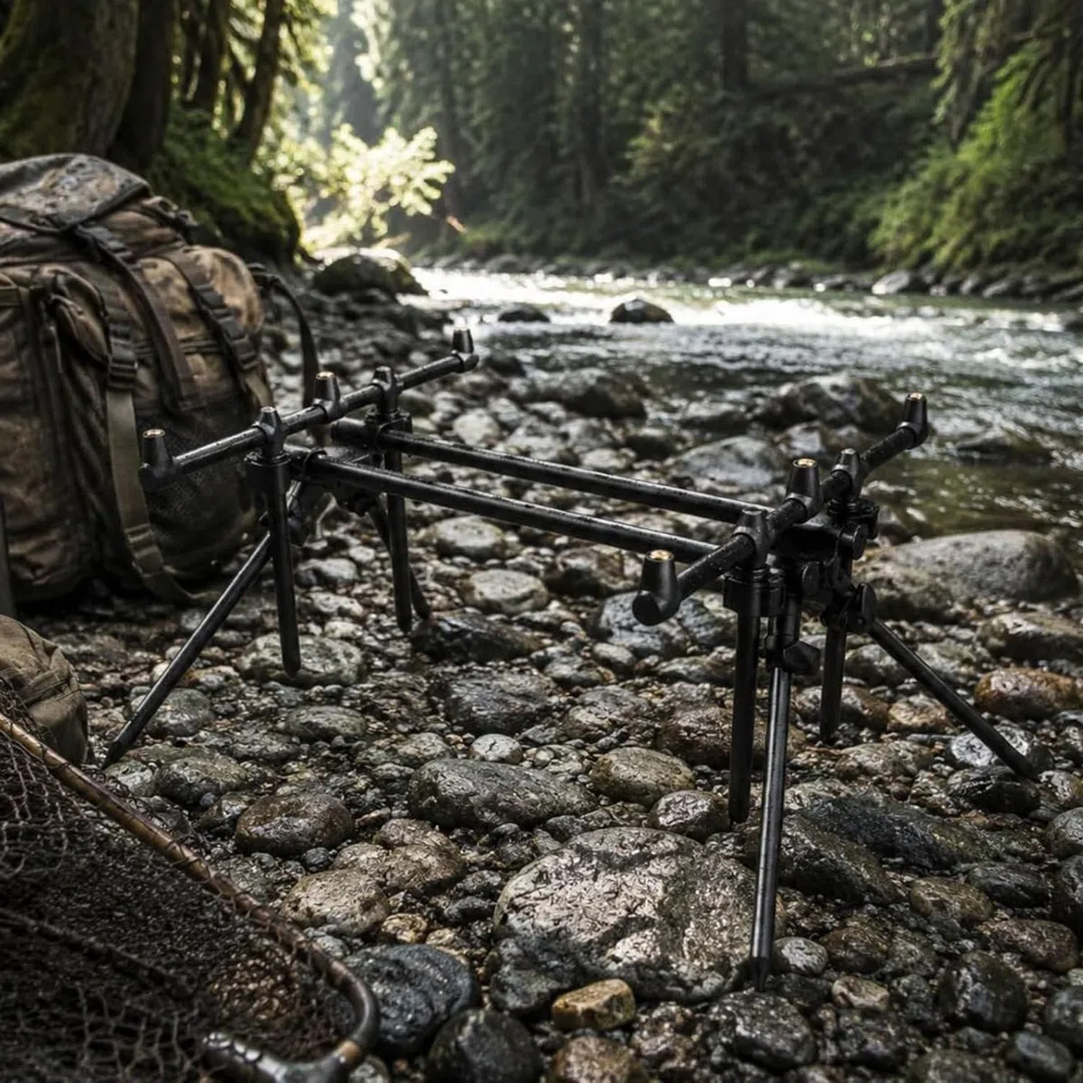 Rostbeständiges Aluminium-Rod-Pod, kompakter Klapprahmen, sicherer Halt für Meeres- und Süßwasserruten beim Karpfenangeln.