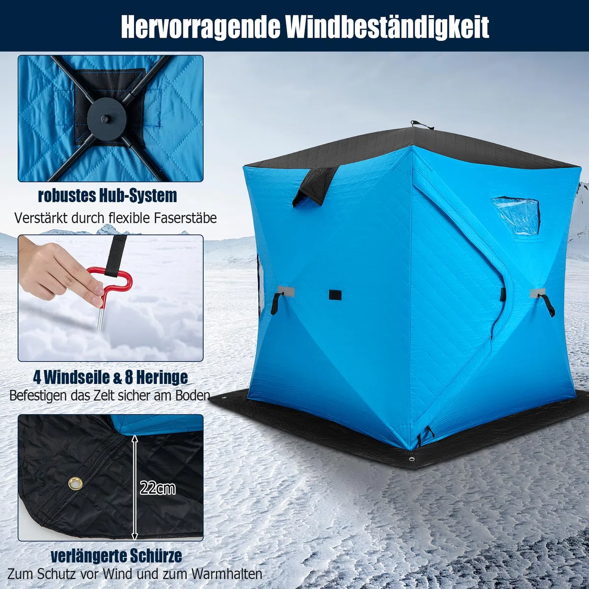 GYMAX tragbares Pop-Up Eisangelzelt, Isoliertes Allwetter-Angelzelt für 4 Personen mit Fenstern & Reißverschlusstür, wasserfester Eisschutzzelt mit Ankern, Seilen & Tragetasche