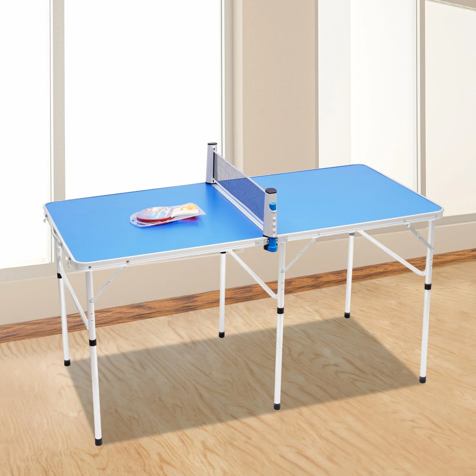 Tischtennisplatte Klappbar, Klein Ping Pong Tisch Indoor Outdoor Tischtennistisch Freizeit Tischtennisplatte mit 3 Bälle und 2 Schläger, 152 x 76 x 76cm