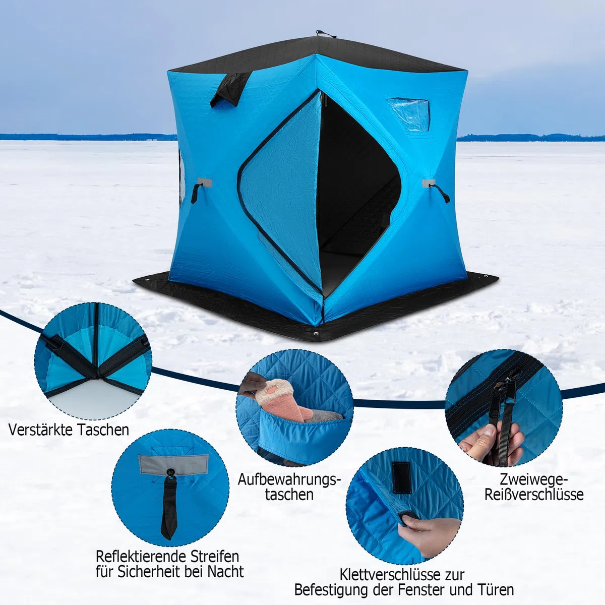 GYMAX tragbares Pop-Up Eisangelzelt, Isoliertes Allwetter-Angelzelt für 4 Personen mit Fenstern & Reißverschlusstür, wasserfester Eisschutzzelt mit Ankern, Seilen & Tragetasche