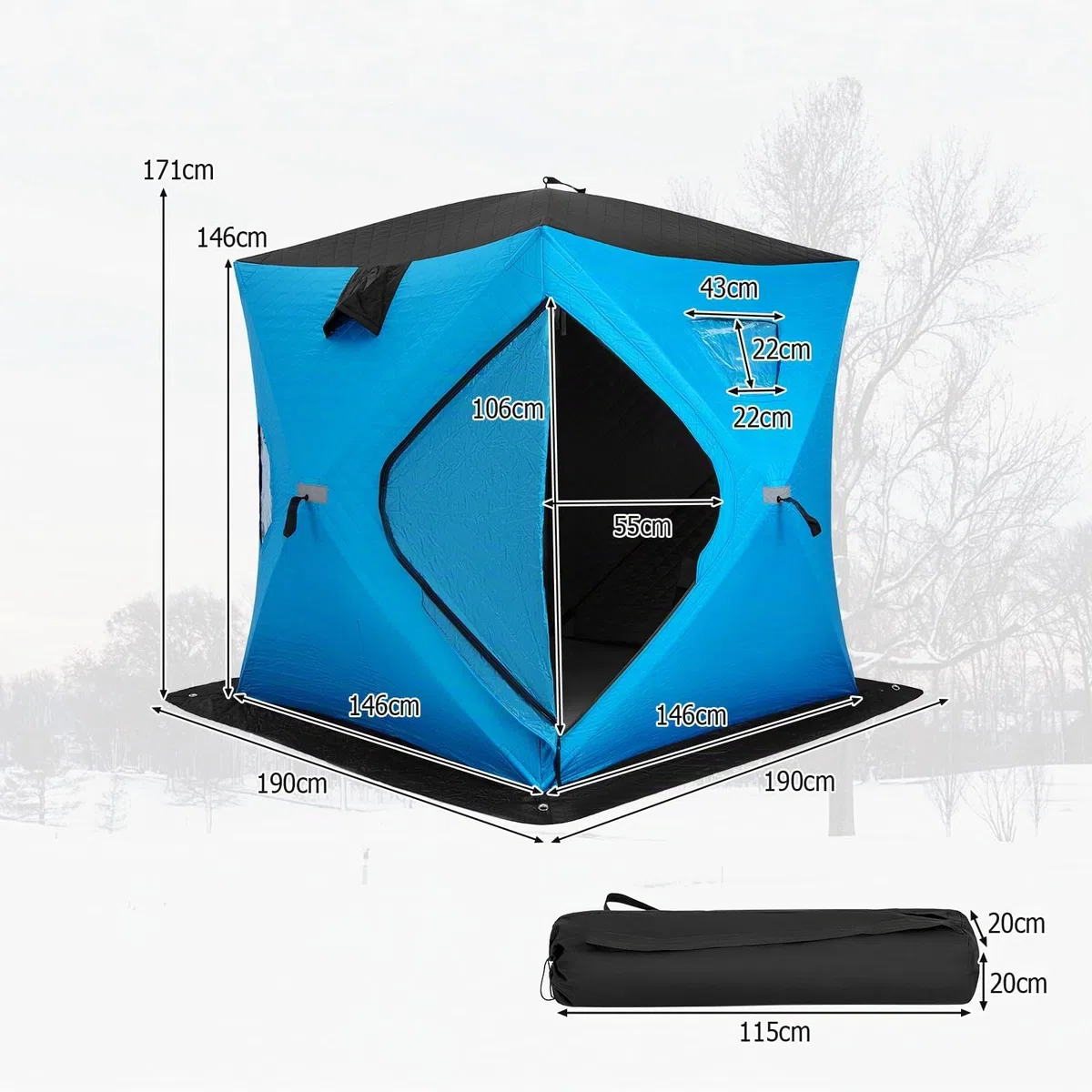 GYMAX tragbares Pop-Up Eisangelzelt, Isoliertes Allwetter-Angelzelt für 4 Personen mit Fenstern & Reißverschlusstür, wasserfester Eisschutzzelt mit Ankern, Seilen & Tragetasche