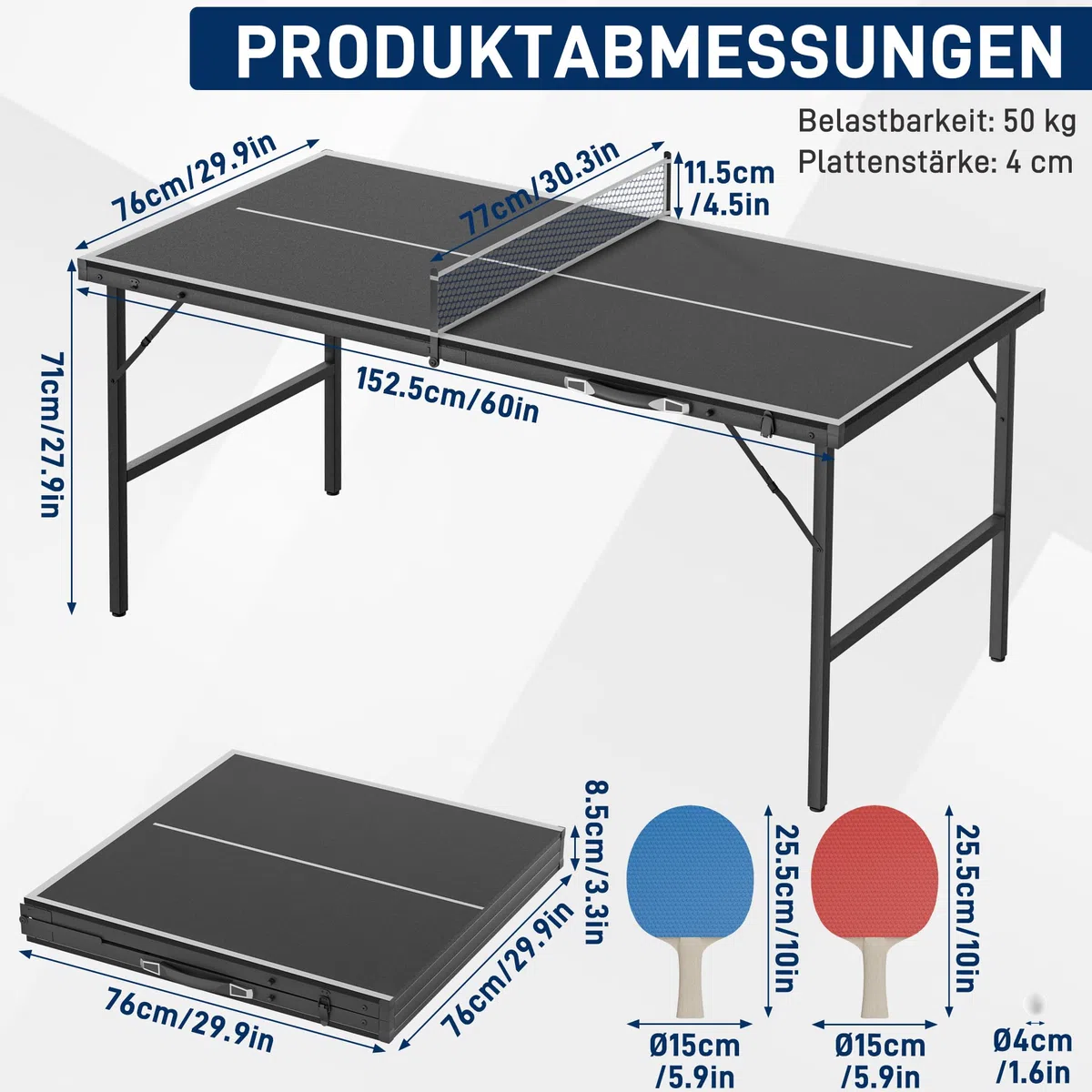 NAIZY Mini Tischtennisplatte klappbar 152.5 x 76 cm für Zuhause Indoor
