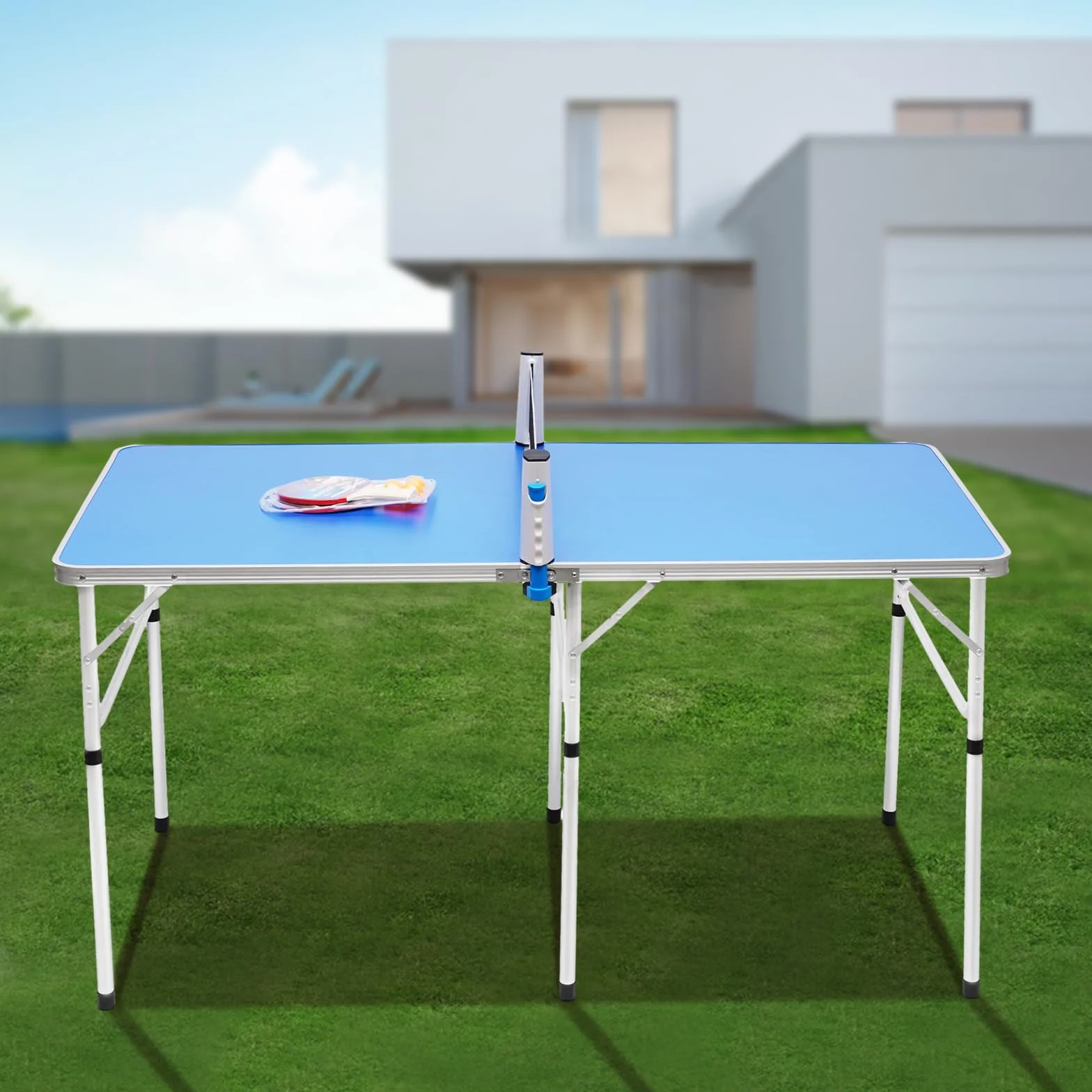 Tischtennisplatte Klappbar, Klein Ping Pong Tisch Indoor Outdoor Tischtennistisch Freizeit Tischtennisplatte mit 3 Bälle und 2 Schläger, 152 x 76 x 76cm